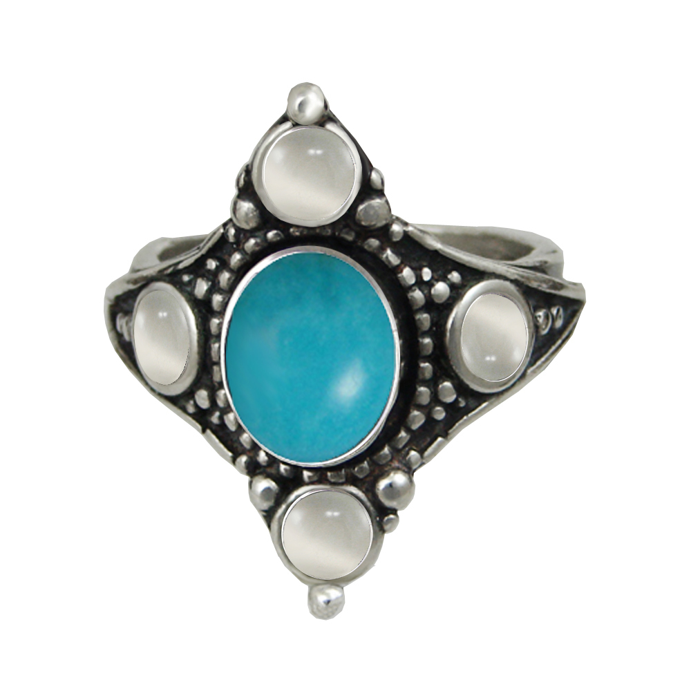 Sterling Silver Renaissance Queen's Ring With Turquoise And White Moonstone Size 9